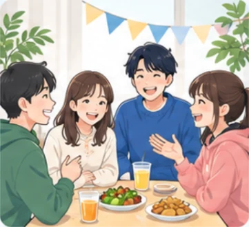 食卓を囲んで交流する学生たち